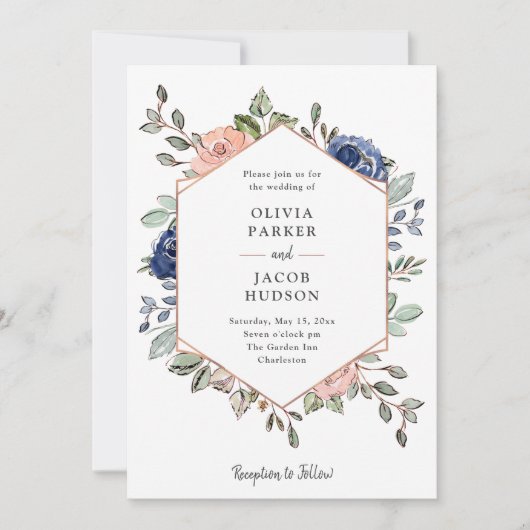 赤面と海軍のフローラ幾何学模様 | ウェディング 招待状 (正面)