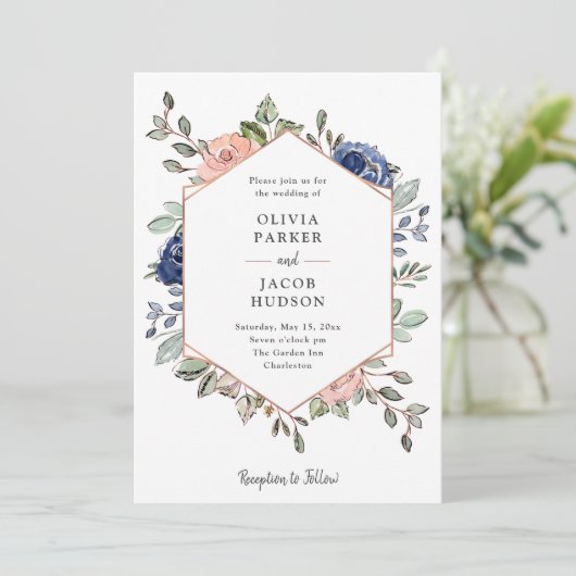 赤面と海軍のフローラ幾何学模様 | ウェディング 招待状 (スタンド正面)