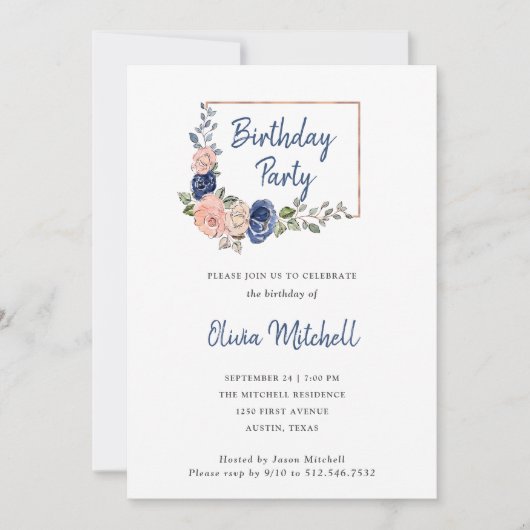 赤面と海軍のフローラ幾何学模様 | 誕生日パーティー 招待状 (正面)