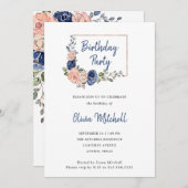 赤面と海軍のフローラ幾何学模様 | 誕生日パーティー 招待状 (正面/裏面)