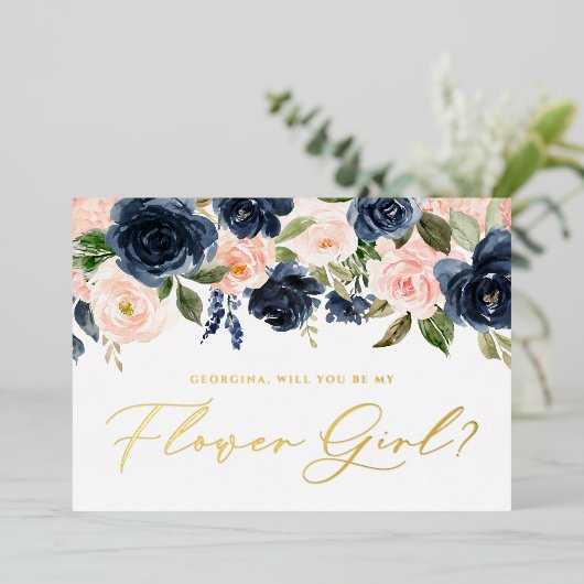 赤面と海軍の花は私の花の女の子 箔招待状 (立ち正面)