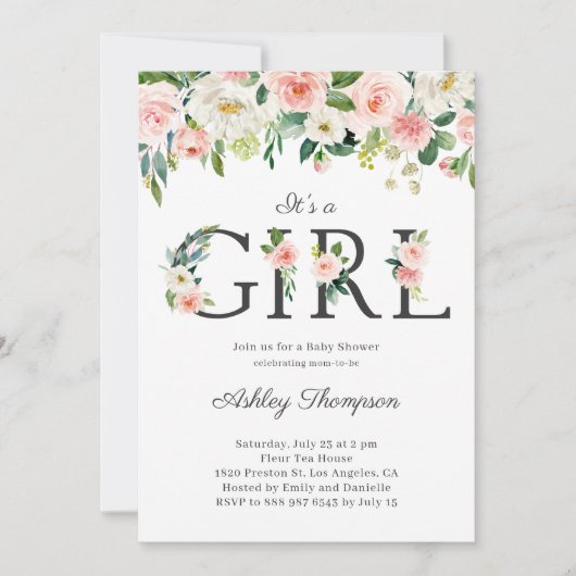 赤面と白い花女の子の赤ちゃんシャワー 招待状 (正面)