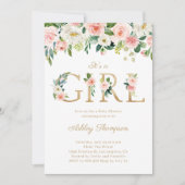 赤面と白い花金ゴールド女の子ベビーシャワー 招待状 (正面)