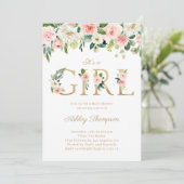 赤面と白い花金ゴールド女の子ベビーシャワー 招待状 (スタンド正面)