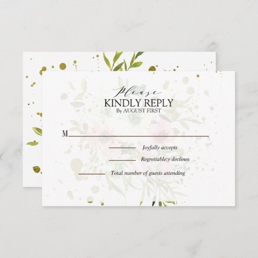 赤面と白のバラと金ゴールドのスプラッシュ結婚の 出欠カード (正面/裏面)