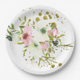 赤面と白のバラと金ゴールドのスプラッシュ ペーパープレート