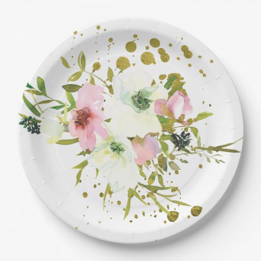 赤面と白のバラと金ゴールドのスプラッシュ ペーパープレート (正面)