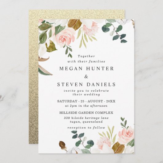 赤面と白の花の金ゴールドバック結婚ズ 招待状 (正面/裏面)