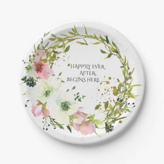 赤面と白フローラのリースと引用文結婚の ペーパープレート (正面)