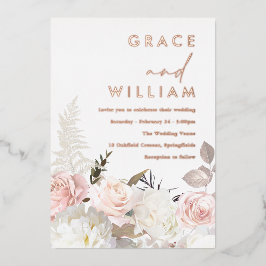 赤面と白モダン花結婚のバラ金ゴールド 箔招待状