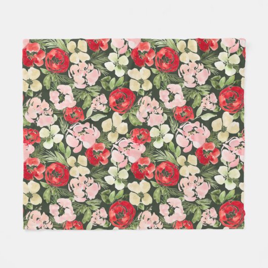 赤面と緑のクリスマス水の色の花の暗い フリースブランケット (正面(横))