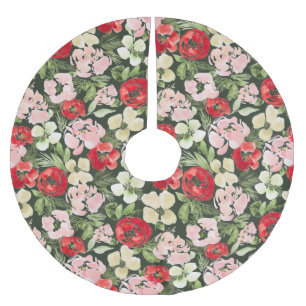 赤面と緑のクリスマス水の色の花の暗い ブラッシュドポリエステルツリースカート