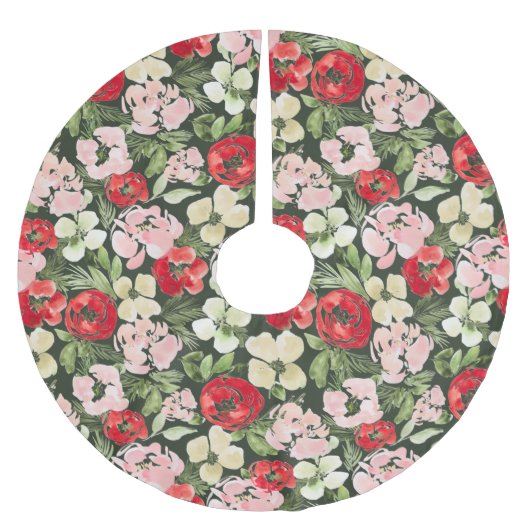 赤面と緑のクリスマス水の色の花の暗い ブラッシュドポリエステルツリースカート (正面)