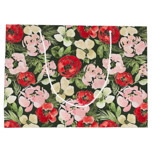 赤面と緑のクリスマス水の色の花の暗い ラージペーパーバッグ (裏面)