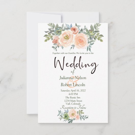 赤面と緑の水色のフローラ結婚のinvitati 招待状 (正面)