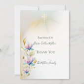 赤面と薄紫フローラ、金ゴールドクロスバプテスマの招待 サンキューカード (正面)