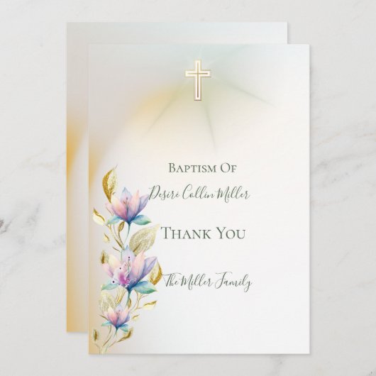 赤面と薄紫フローラ、金ゴールドクロスバプテスマの招待 サンキューカード (正面/裏面)