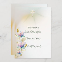 赤面と薄紫フローラ、金ゴールドクロスバプテスマの招待 サンキューカード