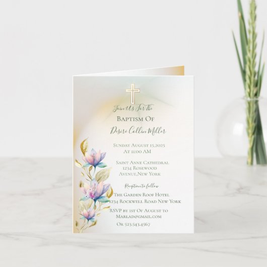 赤面と薄紫フローラ、金ゴールドクロスバプテスマの招待 招待状 (正面)