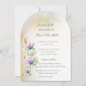 赤面と薄紫フローラ、金ゴールドクロスバプテスマの招待 招待状 (正面)