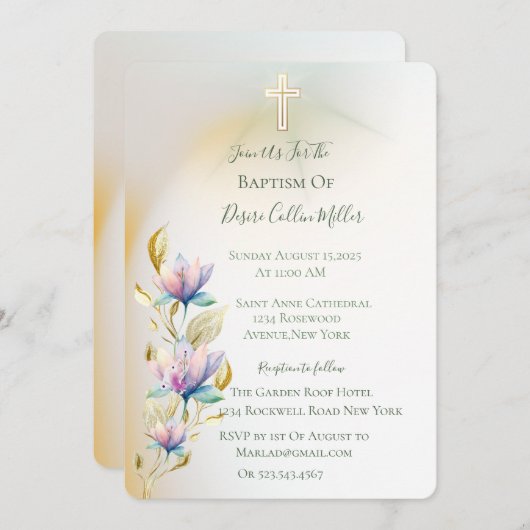 赤面と薄紫フローラ、金ゴールドクロスバプテスマの招待 招待状 (正面/裏面)