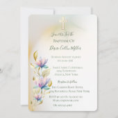 赤面と薄紫フローラ、金ゴールドクロスバプテスマの招待 招待状 (正面)