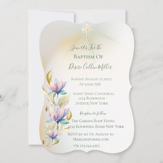 赤面と薄紫フローラ、金ゴールドクロスバプテスマの招待 招待状 (正面)