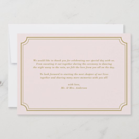 赤面と金ゴールドお洒落スクリプトの結婚写真 サンキューカード (裏面)