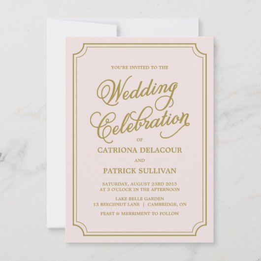 赤面と金ゴールドお洒落スクリプト結婚式招待状I 招待状 (正面)