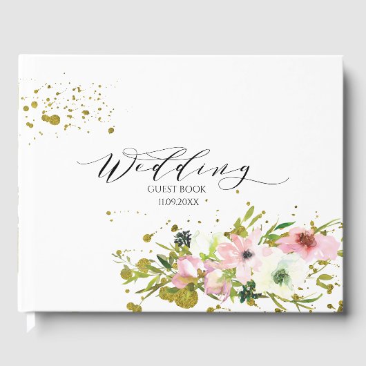 赤面と金ゴールドのスプラッシュ付き白いバラ ゲストブック (正面)