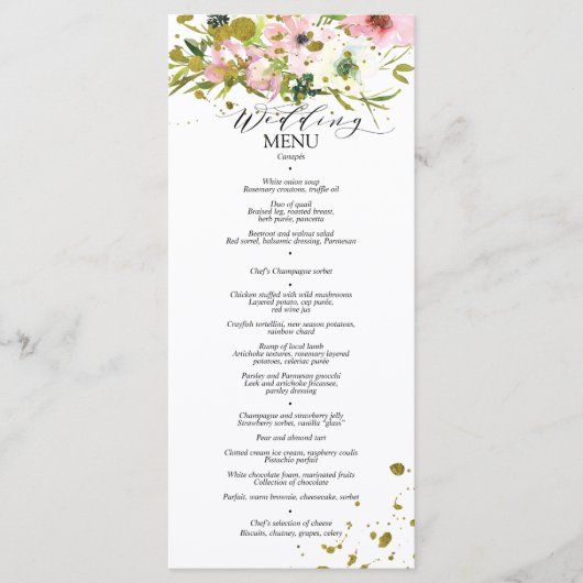 赤面と金ゴールドのスプラッシュ付き白いバラ メニュー (正面)