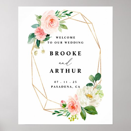 赤面と金ゴールドの結婚フローラの歓迎サイン ポスター (正面)