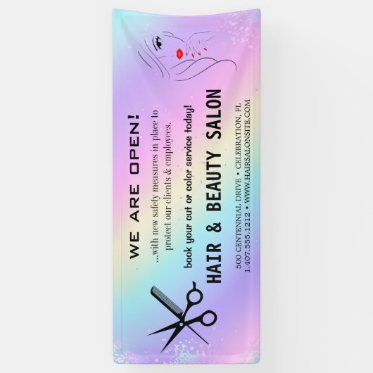 赤面と金ゴールドウィスクシザーズヘアサロンの再開 横断幕 (縦)