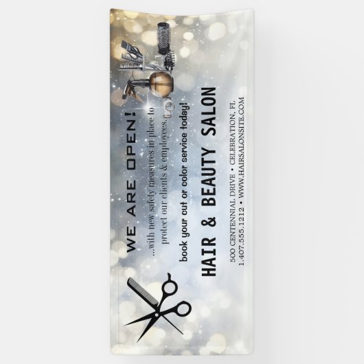 赤面と金ゴールドウィスクシザーズヘアサロンの再開 横断幕 (縦)