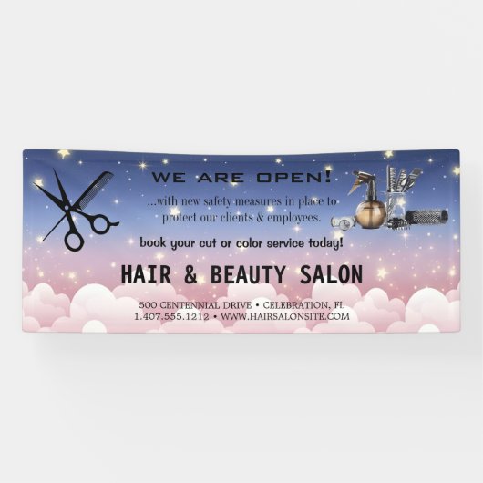 赤面と金ゴールドウィスクシザーズヘアサロンの再開 横断幕 (横)