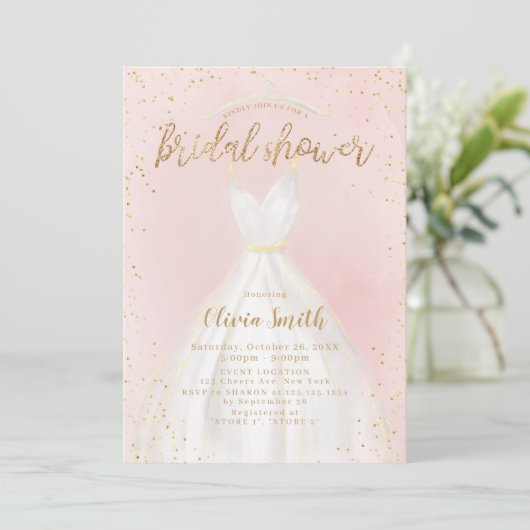 赤面と金ゴールドエレガントなウェディングドレスブライダルシャワー 招待状 (スタンド正面)