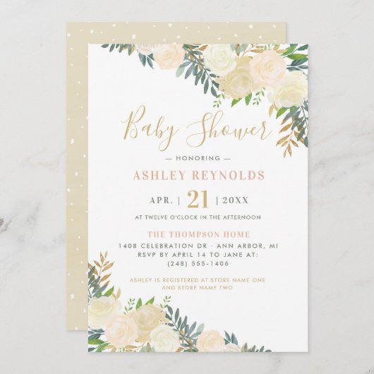 赤面と金ゴールドエレガントフローラの緑のベビーシャワー 招待状 (正面/裏面)