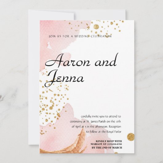 赤面と金ゴールドエレガント抽象芸術結婚式招待状 招待状 (正面)