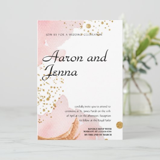 赤面と金ゴールドエレガント抽象芸術結婚式招待状 招待状 (スタンド正面)