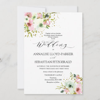 赤面と金ゴールドスプラッシュ付き白バラ 招待状