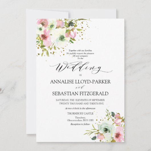 赤面と金ゴールドスプラッシュ付き白バラ 招待状 (正面)