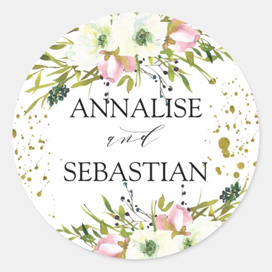 赤面と金ゴールドスプラッシュ付き白結婚バラ ラウンドシール (正面)