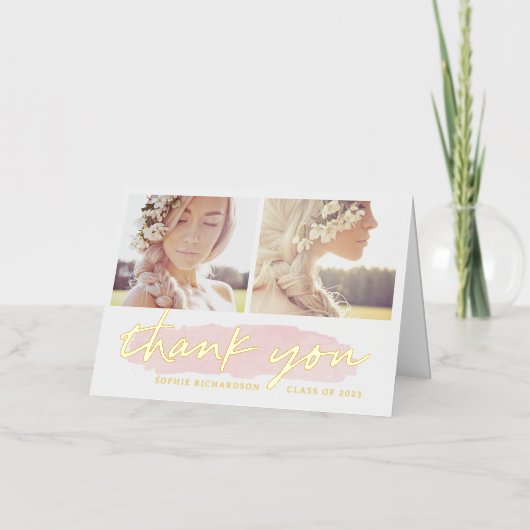 赤面と金ゴールド2枚の写真 |卒業生に感謝 箔グリーティングカード (正面)