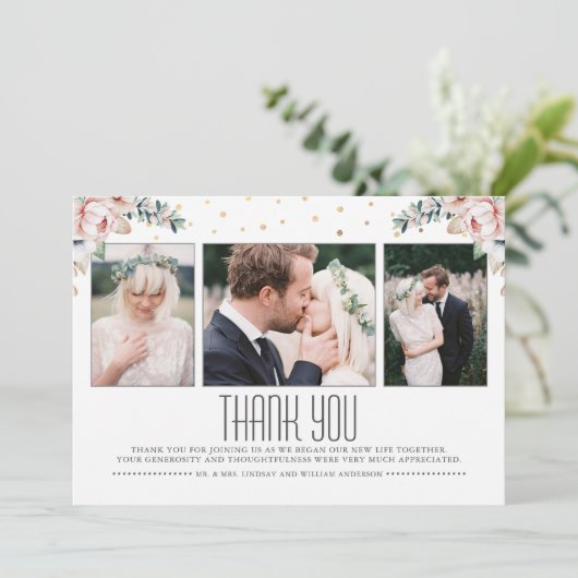 赤面と金ゴールド |フローラ結婚の写真ありがとうございます サンキューカード (スタンド正面)