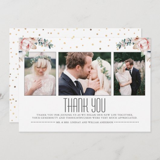 赤面と金ゴールド |フローラ結婚の写真ありがとうございます サンキューカード (正面/裏面)