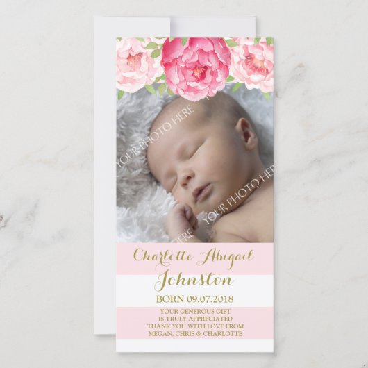 赤面のストライプのピンクの花はベビーシャワー感謝していしています サンキューカード (正面)