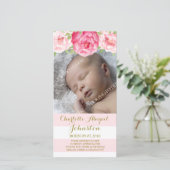 赤面のストライプのピンクの花はベビーシャワー感謝していしています サンキューカード (スタンド正面)