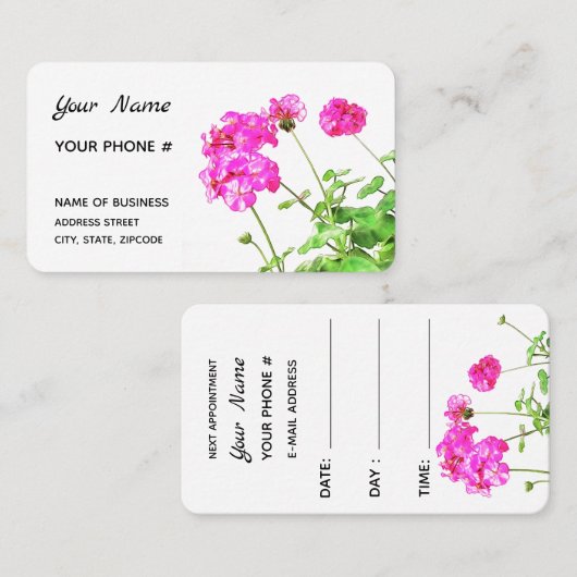 赤面のゼラニウム、裏側の次のアポイントメント 名刺 (正面/裏面)