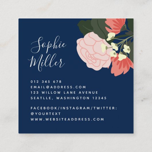 赤面のバラの花柄および赤面の珊瑚のギンガム スクエア名刺 (裏面)