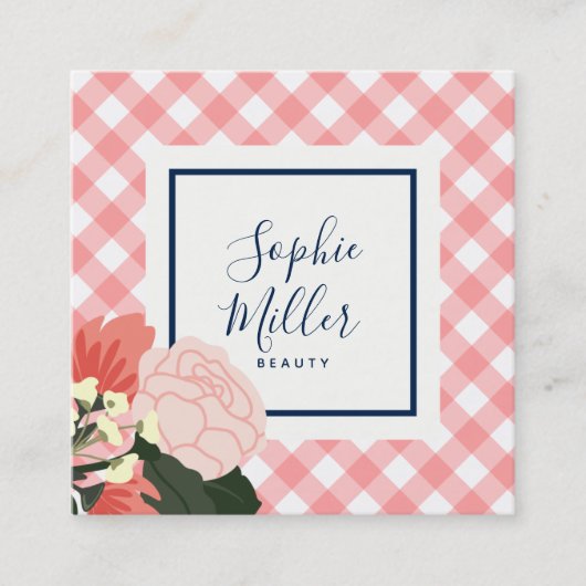 赤面のバラの花柄および赤面の珊瑚のギンガム スクエア名刺 (正面)